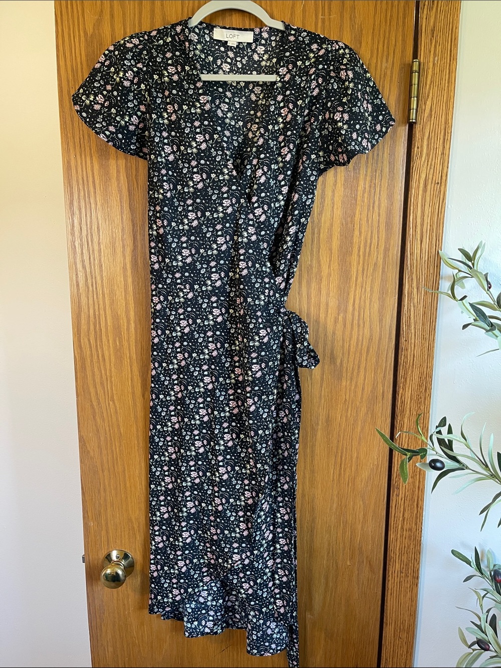 LOFT Black Floral Wrap Maxi Dress with Pink and White Blooms